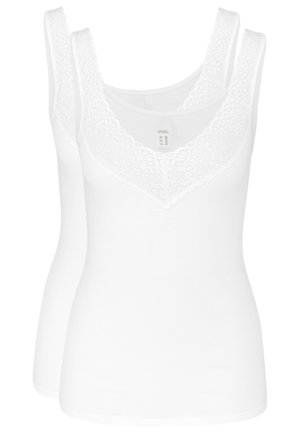 Weißes Tanktop-Set mit einer Spitzen-Ausschnitt, dünnen Trägern und einer figurbetonten Passform. Hergestellt aus weichem, elastischem Stoff.