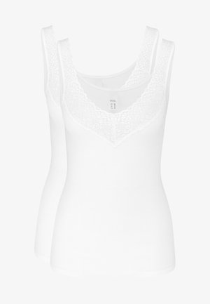 Completo in top bianco con scollatura in pizzo, spalline sottili e design aderente. Realizzato in tessuto morbido e elasticizzato.