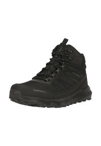 Schwarze wasserdichte Wanderschuhe mit einem strukturierten synthetischen Obermaterial, verstärktem Schnürsystem und robustem, profilierter Sohle für mehr Griffigkeit und Stabilität.