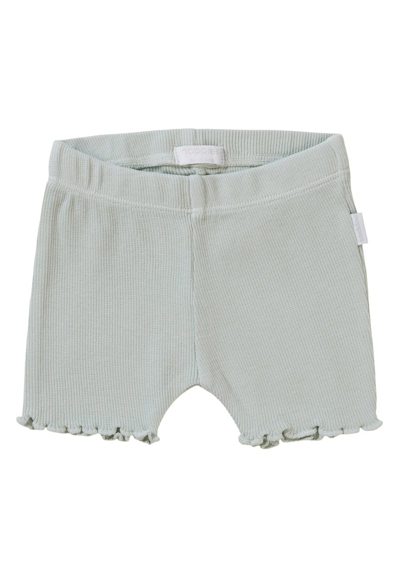 Lichtgroene geribde shorts met een franjewerkt zoom, voorzien van een elastische tailleband voor comfort en een label aan de zijkant.