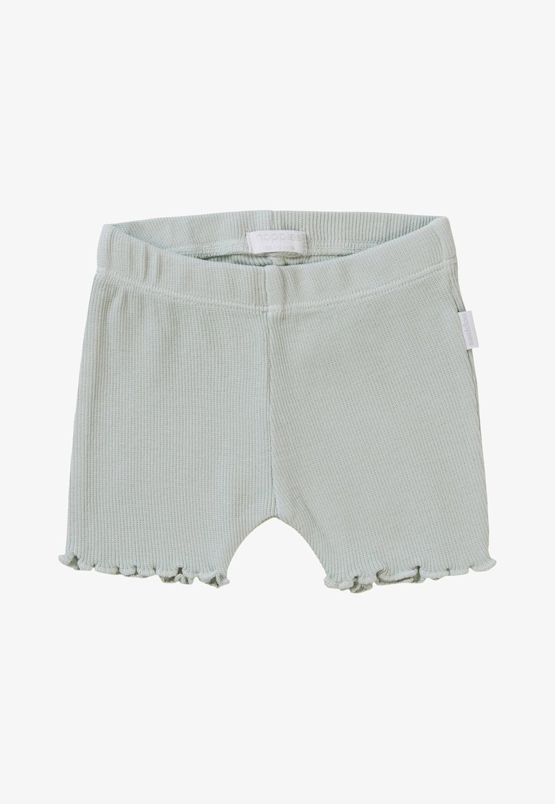 Jasnozielone szorty w prążki z falbaną na końcu, z elastycznym paskiem w talii dla wygody i metką z boku.