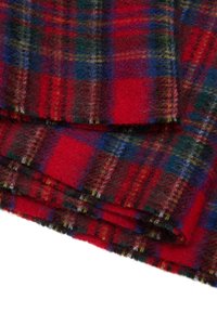 Coperta di lana a quadri rossi e blu con una texture morbida, con accenti visibili gialli e verdi nel motivo e un bordo a frange.