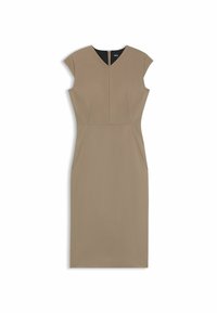 Beige fitted dress with cap sleeves, V-neckline, and two side pockets. Textured fabric with visible seams and a back zipper closure.