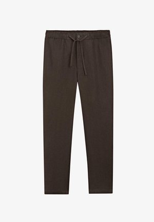 Ciemnobrązowe spodnie casualowe z elastycznym stanem, sznurkiem do ściągania i zapięciem na guzik, pokazane na płasko na białym tle.