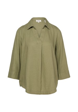 Blouse femme vert olive avec manches 3/4, col en V avec col et coupe ample.