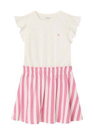 Cream short-sleeve dress with ruffled sleeves, a small pink heart on the chest, and a pink and white vertical striped skirt.