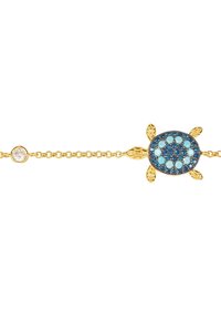 Bracciale a forma di tartaruga in oro, con un guscio di pietre turchesi e blu, dettagliato con un accento di diamante rotondo e una catena.