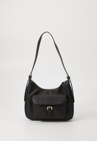 Black leather handbag with a curved shape, adjustable strap, gold hardware, zip closure, and a front pocket with a buckle detail.