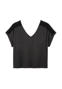 T-shirt noir à col en V avec des manches courtes, ornée de accents en dentelle sur les épaules, fabriqué en tissu doux et léger, avec une coupe décontractée.