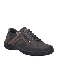 Chaussures pour homme avec une tige en cuir gris, des accents en daim marron, un système de laçage et fermeture éclair, des détails perforés et une semelle en caoutchouc.