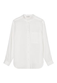 Weißes langärmliges Hemd mit Knopfleiste aus leichtem Stoff, ausgestattet mit einem abgerundeten Kragen, vorderer Knopfverschluss und einer einzelnen Brusttasche.
