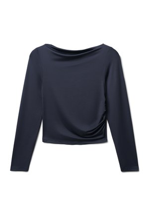 Top lungo blu navy con scollo a barco e dettaglio arricciato ai lati, realizzato in un tessuto morbido e elastico. Lunghezza cropped.