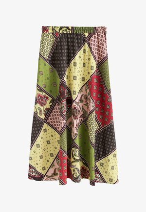 Next, MATTE SATIN MIDI SKIRT - Gonna a campana - green yellow print