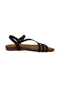 Sandal de imitación de piel marrón con correas entrecruzadas, plantilla de corcho y suela de perfil bajo. Cuenta con una correa ajustable en el tobillo con detalle de botón.