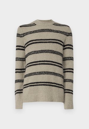 Beige sweater with black stripes, knitted texture, crew neck design, and long sleeves. Features varying stripe thickness for detail.