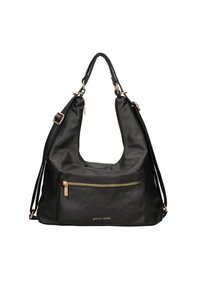 Borsa a spalla in pelle nera con ampio scomparto principale, tasca frontale con zip e hardware in tonalità dorata. Presenta doppi manici e una texture liscia.