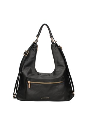 Borsa a spalla in pelle nera con ampio scomparto principale, tasca frontale con zip e hardware in tonalità dorata. Presenta doppi manici e una texture liscia.