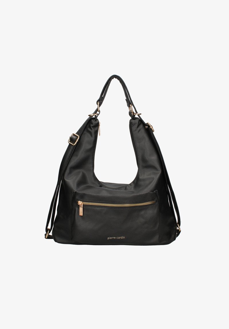 Zwarte leren schoudertas met een grote hoofdcompartiment, een voorzak met rits en goudkleurige hardware. Voorzien van dubbele handvatten en een gladde textuur.