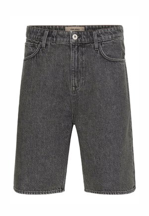 Μαύρα ξεβαμμένα τζιν σορτς με κουμπί μπροστά, κλείσιμο με φερμουάρ, θηλιές για ζώνη και πλαϊνές τσέπες, εφαρμοστή γραμμή μέχρι το γόνατο.