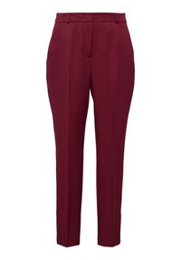 Bordowe spodnie o kroju prostym, gładkiej fakturze, z paskiem w szlufkach i detalami w postaci fałdy z przodu. Bez widocznych kieszeni.