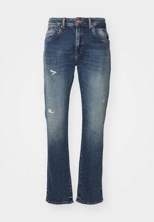 Bootcut jeans laget av mørk blå denim, med en falmet finish, slitasje foran, fem-lomme-design og en midje med knappelukking.