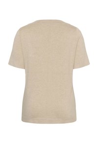 Haut en maille beige à manches courtes avec col rond vu de dos, avec un ourlet droit et un design simple.