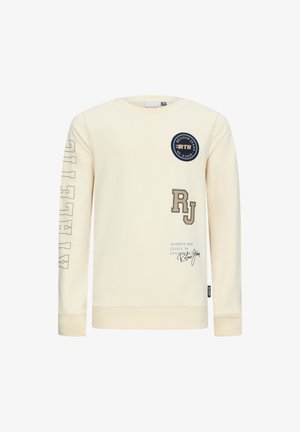 Cremfarbener Langarm-Sweatshirt aus Baumwolle, mit gedruckten Grafiken, einem runden navy-blauen Logo und Textakzenten in Beige und Blau.