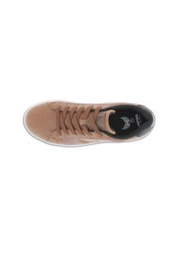 Tan leather sneaker with round toe and white rubber sole. Features brown laces, black padded collar, and logo on insole.