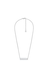 Collana in argento con un pendente rettangolare orizzontale che presenta un piccolo dettaglio a forma di stella nell'angolo in basso a destra.