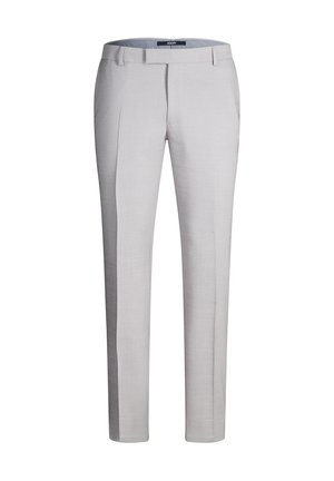 Pantaloni da uomo su misura color grigio chiaro con passanti per cintura, piega frontale e chiusura nascosta, con etichetta JOOP! all'interno della cintura.