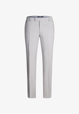 Lichtgrijze, op maat gemaakte herenbroek met riemlussen, voorplooi en verborgen sluiting, met het label JOOP! aan de binnenzijde van de tailleband.