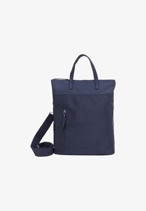 Borsa tote in nylon blu marina con doppio manico, tracolla regolabile, tasca con zip frontale e texture liscia. Design minimalista senza loghi visibili.