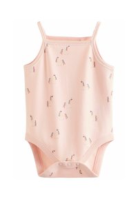 Roze katoenen baby rompertje met een eenhoornprint, voorzien van dunne spaghettibandjes, drukkers onderaan en golvende details langs de halslijn.