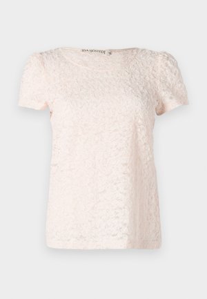 Light pink short-sleeve top featuring a textured, floral pattern and a round neckline. Made from a soft, delicate fabric.