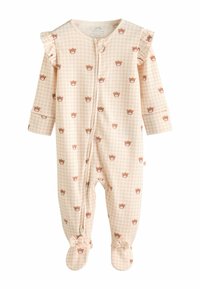 Mono para bebé de color rosa claro y cuadros, con estampados de ositos marrones, acentos fruncidos en los hombros y diseño de pies con lazos en los pies.