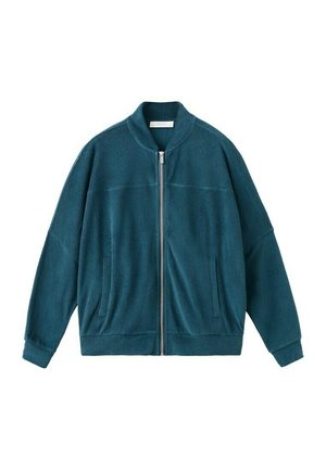 Turkooise fleecejack met ritssluiting, lange mouwen, opstaande kraag, zijzakken en geribbelde manchetten en zoom.