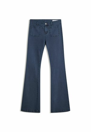 Donkerblauwe flare jeans van denim met gestikte zakken, een knoopsluiting en een soepele textuur. Beschikt over een klassieke vijfzakkenontwerp.