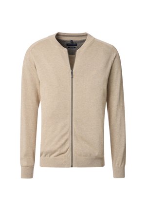 Beige zip-up cardigan made from soft fabric, featuring a round neckline, long sleeves, and subtle ribbed accents at the cuffs and hem.