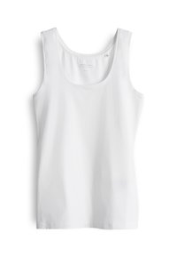 Débardeur blanc sans manches à encolure dégagée avec un tissu simple et lisse, posé à plat sur un fond blanc.