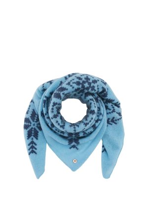 Light blue triangular knit scarf with dark blue snowflake patterns and a small round metal tag near the pointed end.