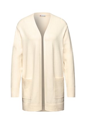Lang, åben cardigan i creme, lavet af blødt stof. Har to frontlommer, ribbede manchetter og en afslappet pasform.