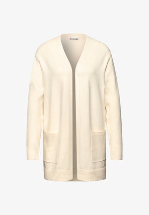 Dlouhý cardigan s otevřeným předním zapínáním v krémové barvě, vyrobený z měkkého materiálu. Obsahuje dvě přední kapsy, žebrované manžety a volný střih.