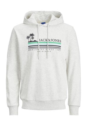 Hellgrau Hoodie mit Kängurutasche, versehen mit einem Frontgrafikdesign von Palmen, Streifen in Grün und Schwarz und einer Kapuze mit Kordelzug.