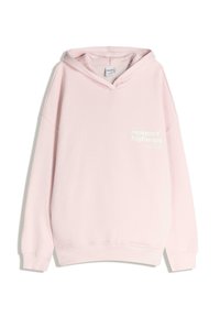 Ružová mikina s kapucňou s predným klokanie vreckom, rebrovanými manžetami a lemom. Na prednej strane je potlačený biely text. Vyrobená z mäkkej látky.