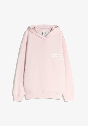 Hanorac roz cu glugă, buzunar tip cangur, manșete și tiv cu model striat. Prezintă text alb imprimat pe față. Realizat dintr-un material moale.