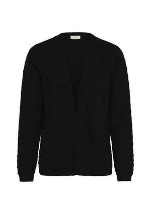 Sort strikket cardigan med åben front, med tekstureret ribbet detaljering på ærmer og krop, lange ærmer og en afslappet pasform.