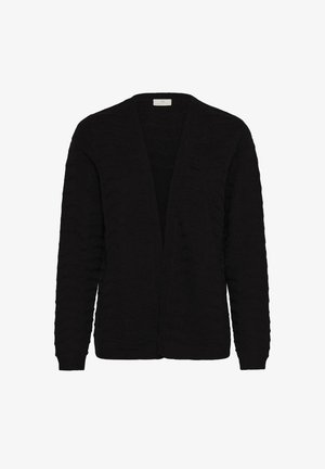 Schwarze, gestrickte Strickjacke mit offenem Vorderteil, ausgestattet mit strukturierten Rippen-Details an Ärmeln und Körper, langen Ärmeln und einem lässigen Schnitt.