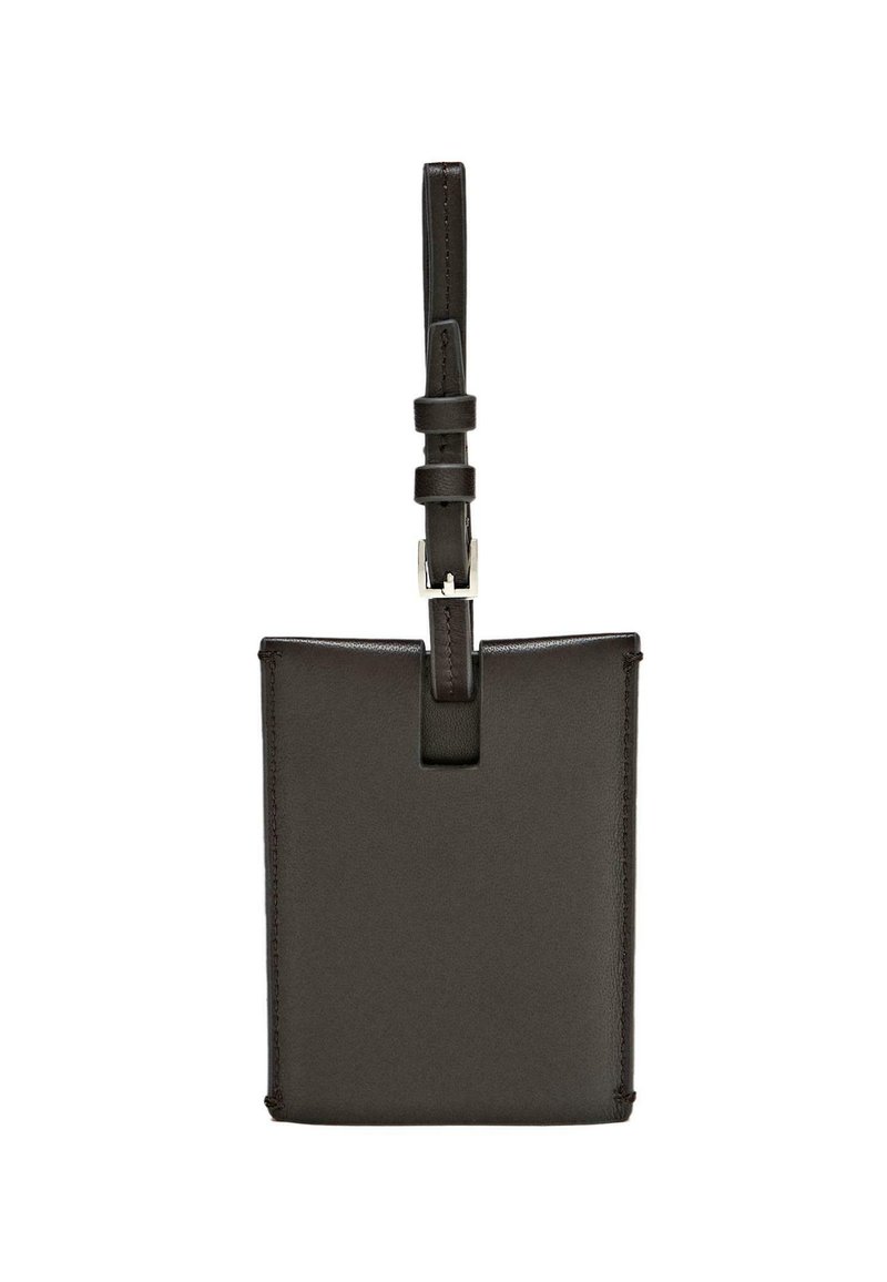 Dark brown leather wallet with a smooth texture, rectangular shape, and a detachable strap featuring a metal buckle.