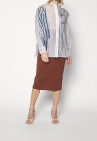 Genomskinlig, randig blus i pastellfärger, knäppt med en volangdetalj; matchad med en knälång, figurnära brun kjol och nude klacksandaler.