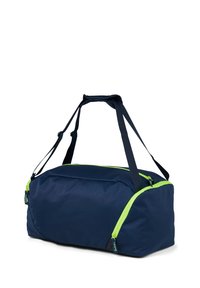 Marinefarbene Duffel-Bag mit limonengrünen Reißverschlüssen und Akzenten, ausgestattet mit dualen Griffen und einer rechteckigen Form, hergestellt aus robustem Stoff.